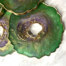 Load image into Gallery viewer, Ariel green, purple and gold resin coasters, set of 4
