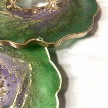 Load image into Gallery viewer, Ariel green, purple and gold resin coasters, set of 4
