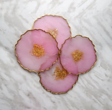 Load image into Gallery viewer, Rose quartz pink, white, and gold round resin coasters, set of 4
