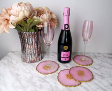 Load image into Gallery viewer, Rose quartz pink, white, and gold round resin coasters, set of 4
