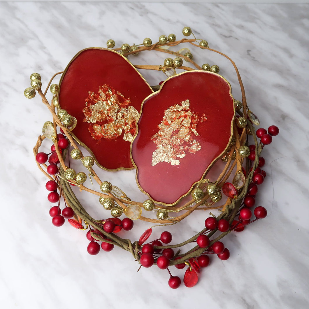 Crimson Kiss red resin coasters, set of 4