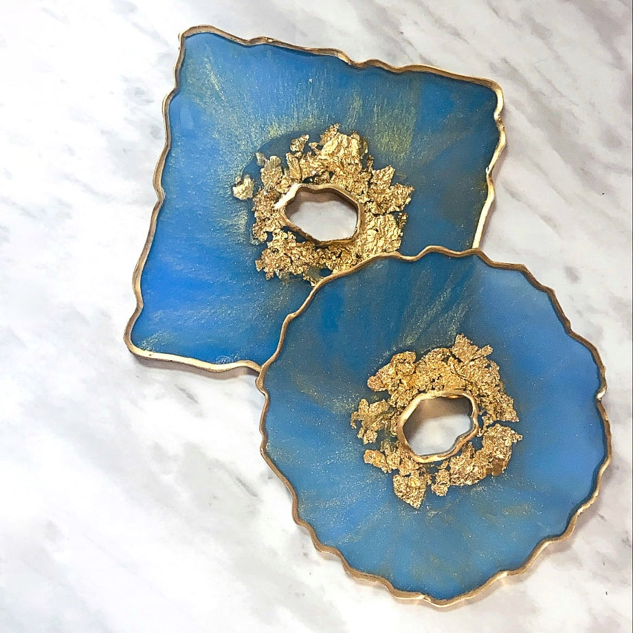 Daphne blue and gold resin coasters, set of 2