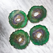 Load image into Gallery viewer, Ariel green, purple and gold resin coasters, set of 4
